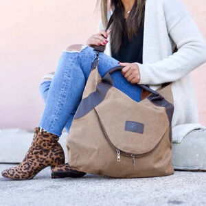 Threaded pear canvas tote hand bag brown